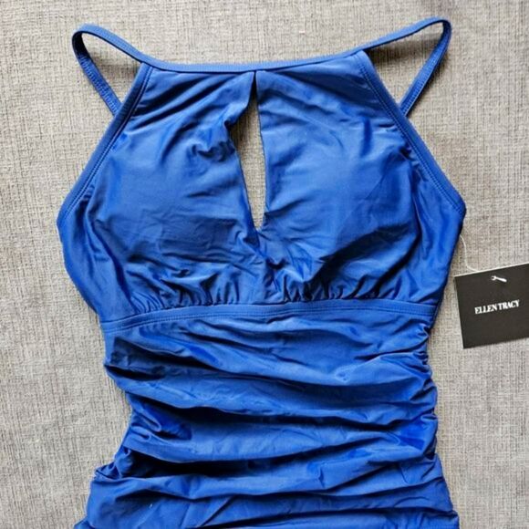 Ellen Tracy Women's Navy Blue Keyhole High Neck One Piece Swimsuit Size 12 - Picture 5 of 9